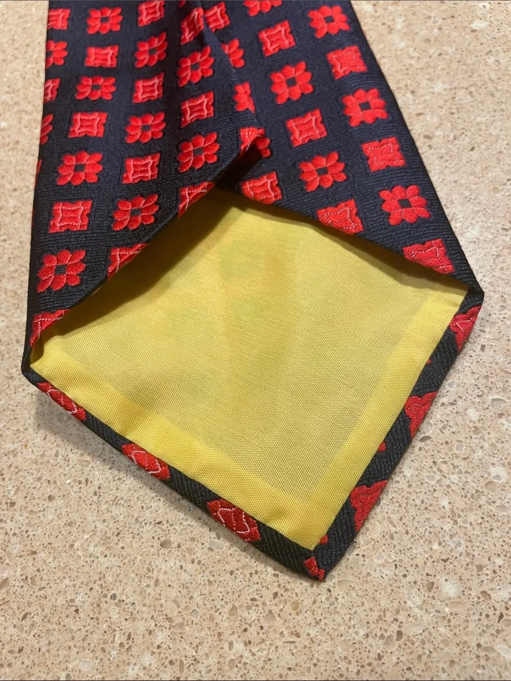 Longchamps Navy Tie with Red Floral-Geometric Pattern